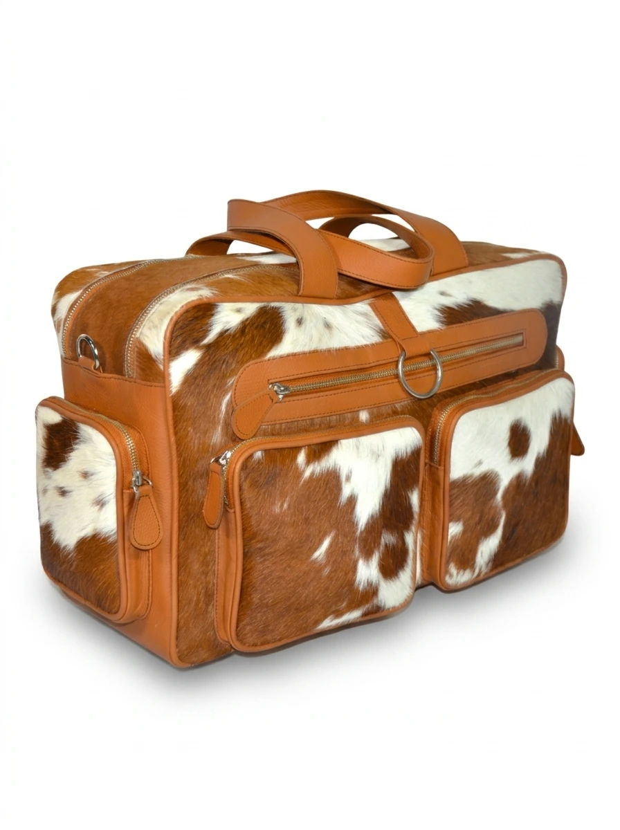 HAIR ON HIDE BABY NAPY DUFFEL BAG TAN & WHITE - Image 2