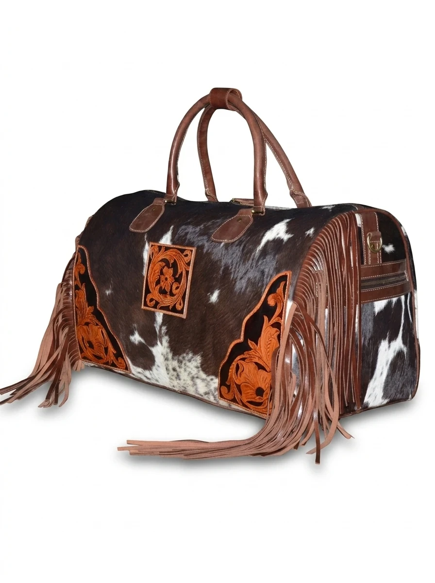 HAIR ON HIDE TOOLED CRAFTED TRAVEL DUFFEL BAG BROWN & WHITE - Image 2