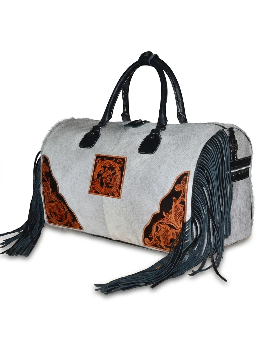 HAIR ON HIDE HAND TOOLED TRAVEL DUFFEL BAG BLACK & GRAY - Image 2