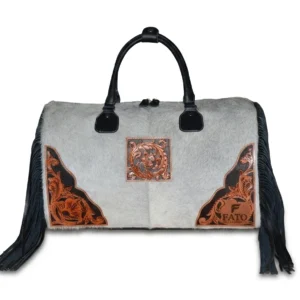 HAIR ON HIDE HAND TOOLED TRAVEL DUFFEL BAG BLACK & GRAY