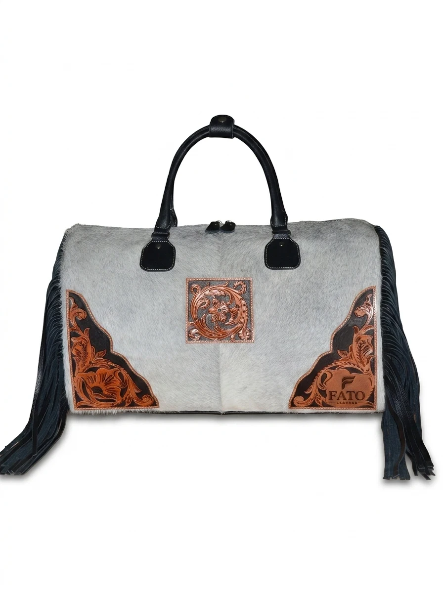 HAIR ON HIDE HAND TOOLED TRAVEL DUFFEL BAG BLACK & GRAY