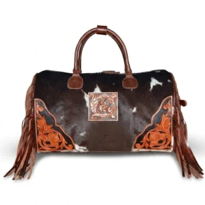 HAIR ON HIDE TOOLED CRAFTED TRAVEL DUFFEL BAG BROWN & WHITE