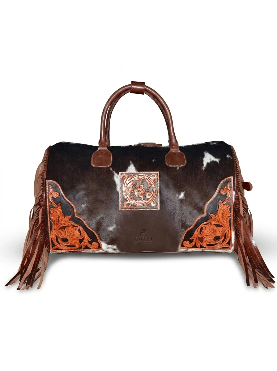HAIR ON HIDE TOOLED CRAFTED TRAVEL DUFFEL BAG BROWN & WHITE