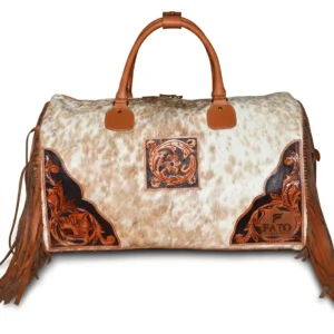 HAIR ON HIDE TOOLED CRAFTED TRAVEL DUFFEL BAG TAN & WHITE