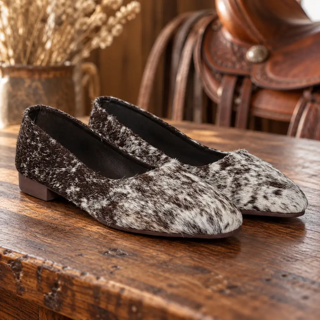 HAIR-ON HIDE POINTED TOE MULE LOAFER PUMP BROWN AND WHITE - Image 2