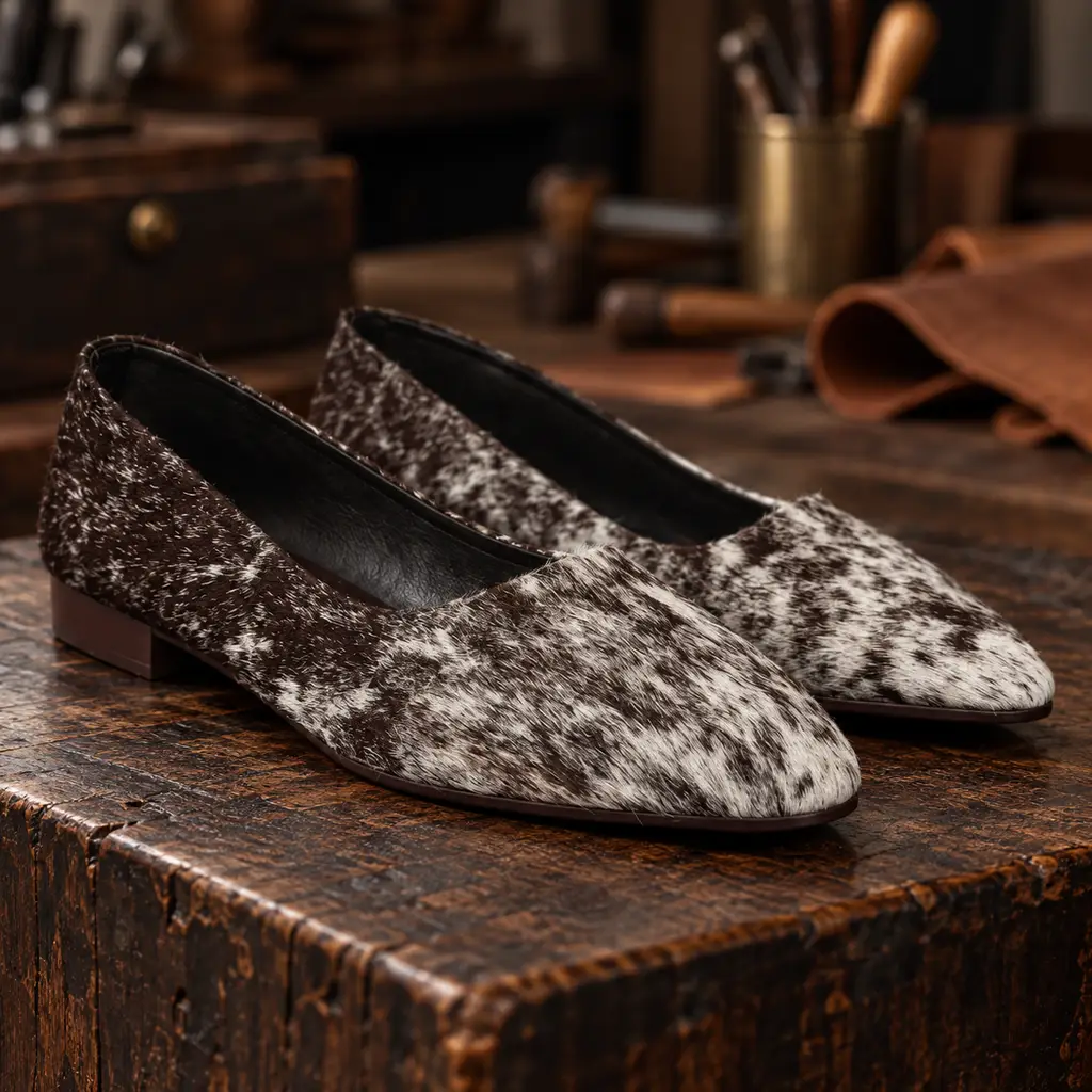 HAIR-ON HIDE POINTED TOE MULE LOAFER PUMP BROWN AND WHITE - Image 5
