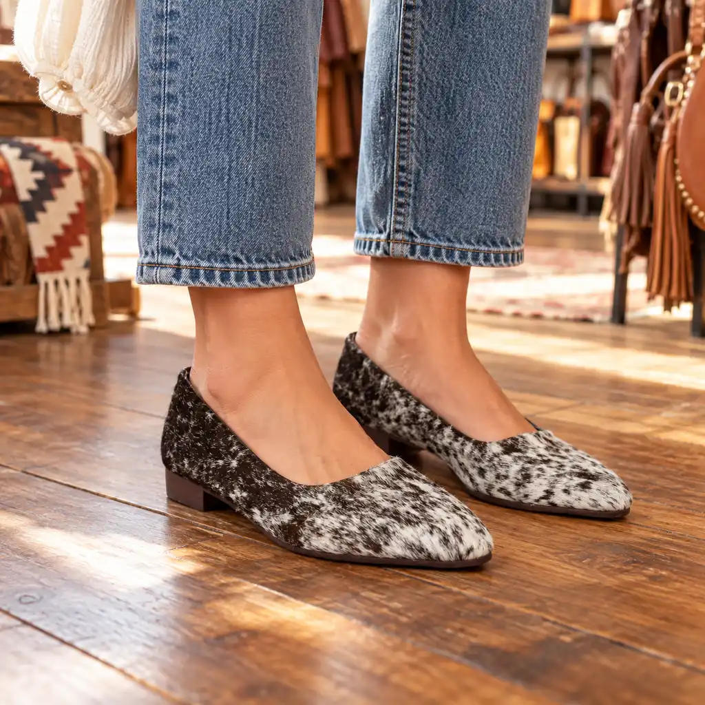 HAIR-ON HIDE POINTED TOE MULE LOAFER PUMP BROWN AND WHITE - Image 6
