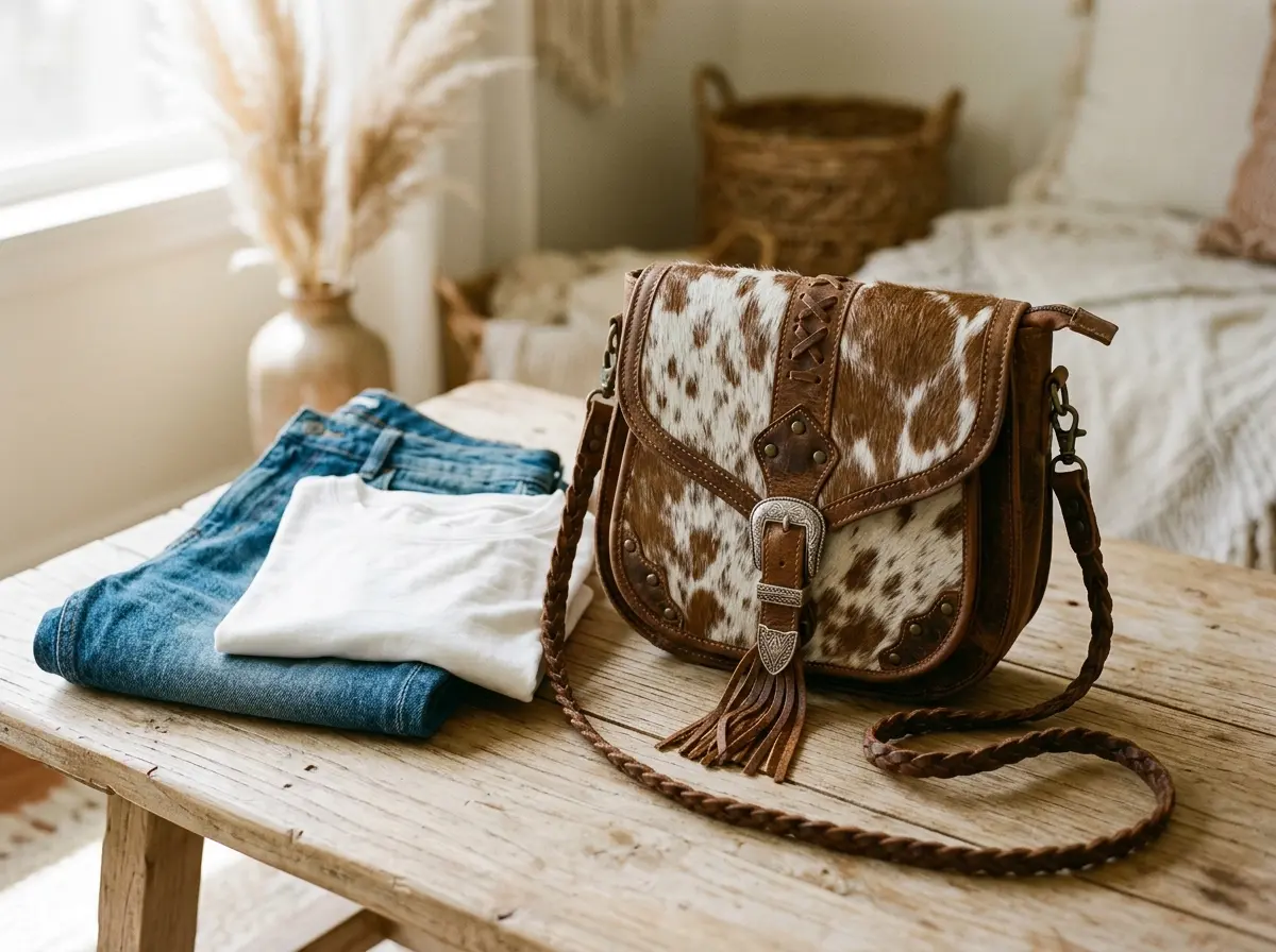Western style hair on hide cowhide crossbody bag, natural brown and white pattern