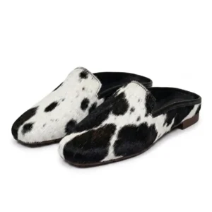 HAIR ON HIDE BACKLESS T SHAPED TOE MULE LOAFER PUMP BLACK AND WHITE