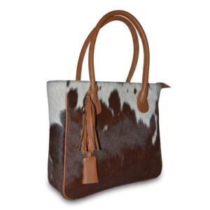 Hair on Hide Fixed Handle Tote Bag Tan and White