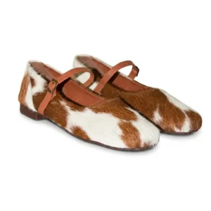 Hair on Hide T Shaped Toe Mule Loafer Pump Tan and White