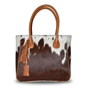 Hair on Hide Fixed Handle Tote Bag Tan and White