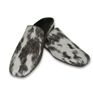 Hair on Hide Backless T Shaped Toe Mule Loafer Pump Brown and White