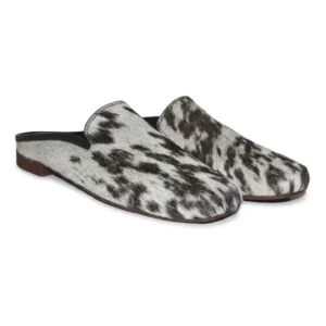 Hair on Hide Backless T Shaped Toe Mule Loafer Pump Brown and White