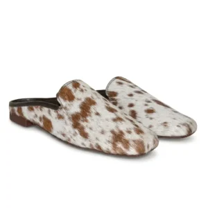 Hair on Hide Backless T Shaped Toe Mule Loafer Pump Tan and White