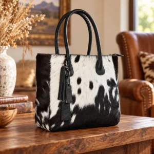 Hair on Hide Fixed Handle Tote Bag Black and White