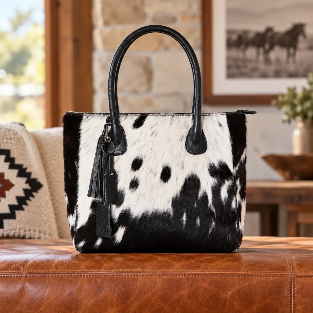 Hair on Hide Fixed Handle Tote Bag Black and White - Image 3
