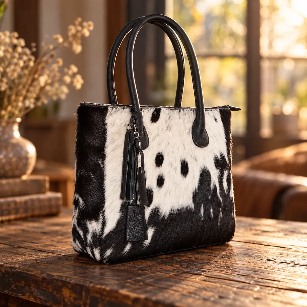 Hair on Hide Fixed Handle Tote Bag Black and White - Image 4