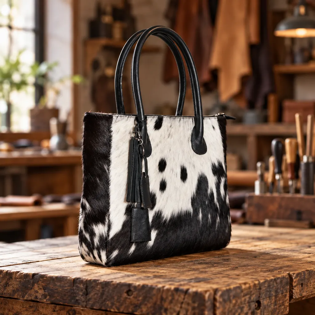Hair on Hide Fixed Handle Tote Bag Black and White - Image 5