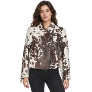 Hair on Hide Women's Fringe Motorcycle Jacket Brown & White