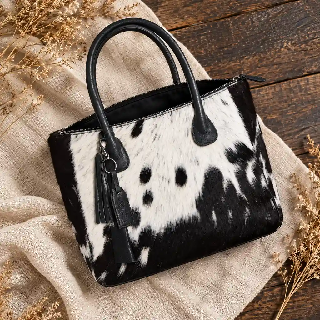 Hair on Hide Fixed Handle Tote Bag Black and White - Image 6