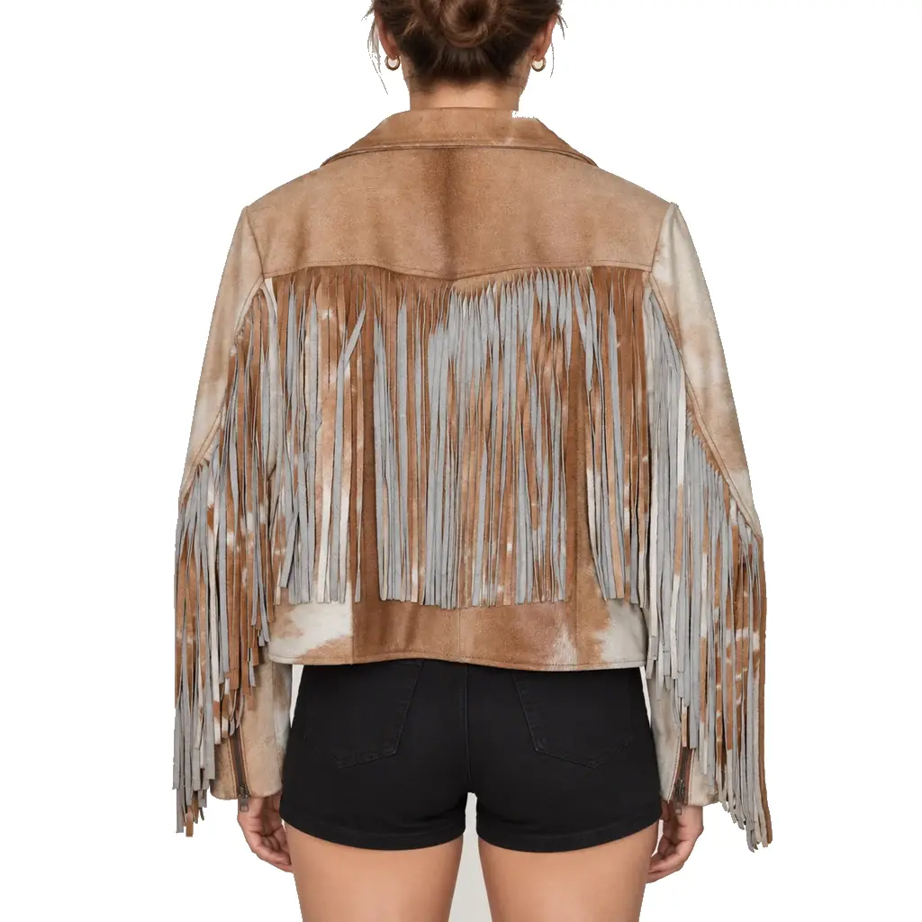 Hair on Hide Women's Fringe Motorcycle Jacket Tan & White - Image 3