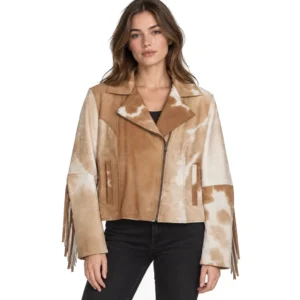 Hair on Hide Women's Fringe Motorcycle Jacket Tan & White
