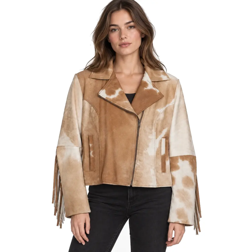 Hair on Hide Women's Fringe Motorcycle Jacket Tan & White - Image 2