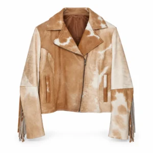 Hair on Hide Women's Fringe Motorcycle Jacket Tan & White