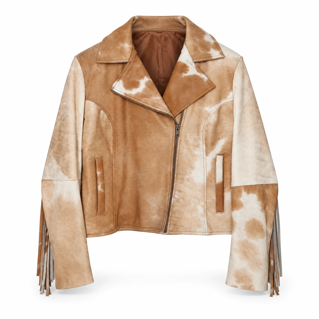 Hair on Hide Women's Fringe Motorcycle Jacket Tan & White