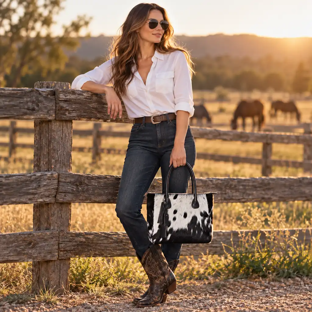 Hair on Hide Fixed Handle Tote Bag Black and White - Image 9