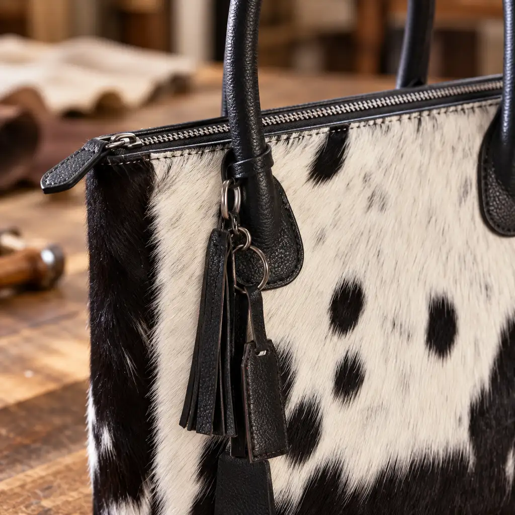 Hair on Hide Fixed Handle Tote Bag Black and White - Image 11