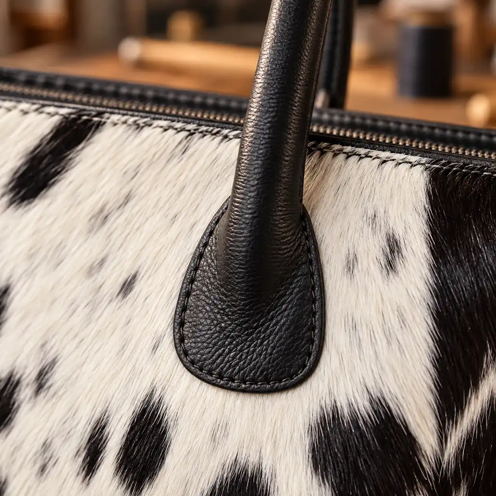 Hair on Hide Fixed Handle Tote Bag Black and White - Image 12