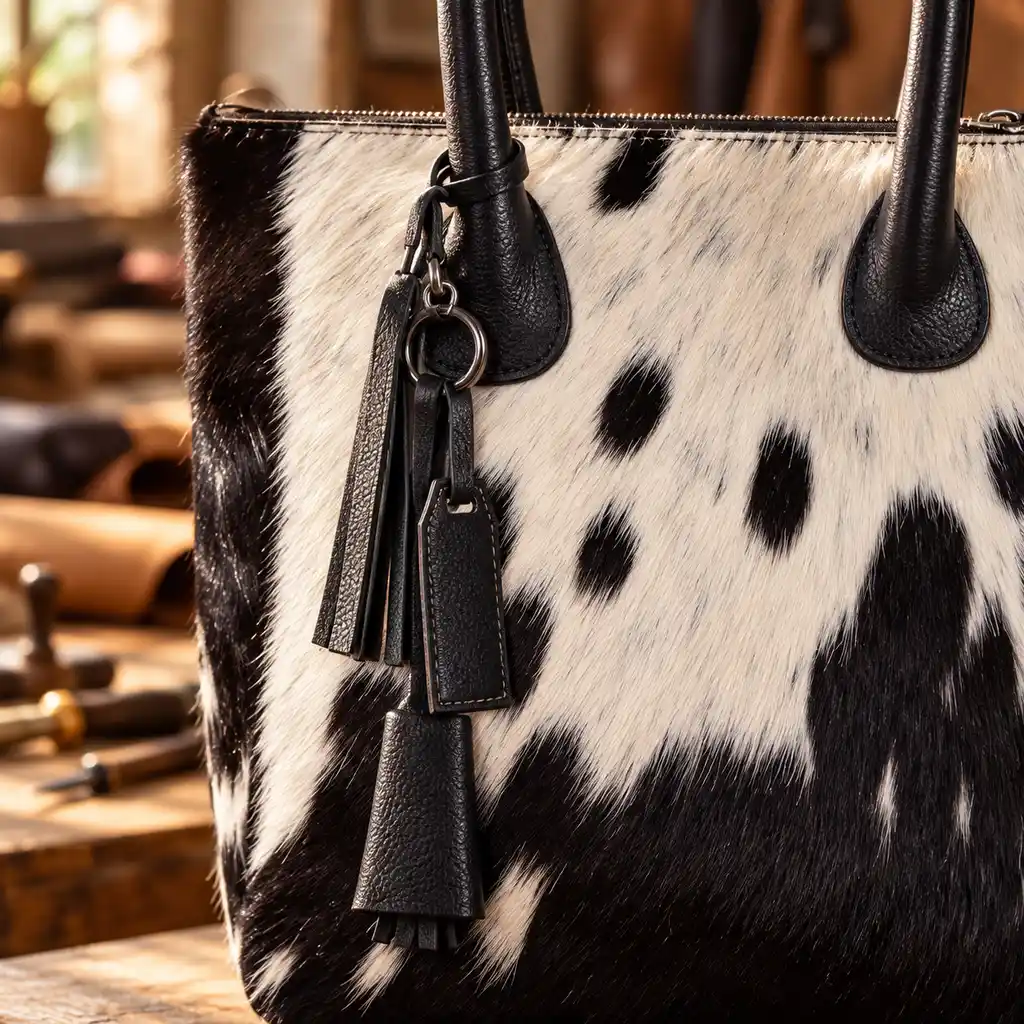 Hair on Hide Fixed Handle Tote Bag Black and White - Image 13