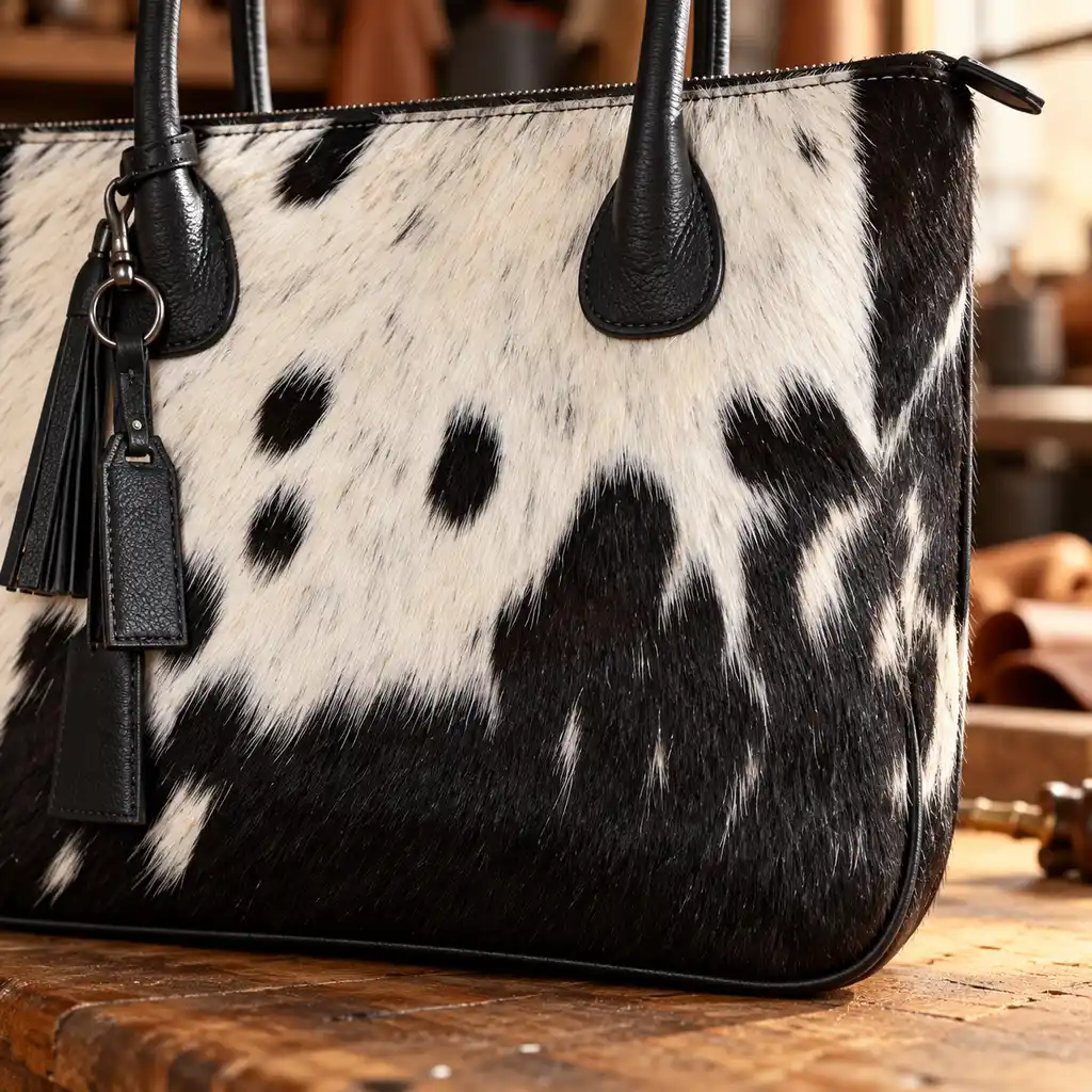 Hair on Hide Fixed Handle Tote Bag Black and White - Image 14