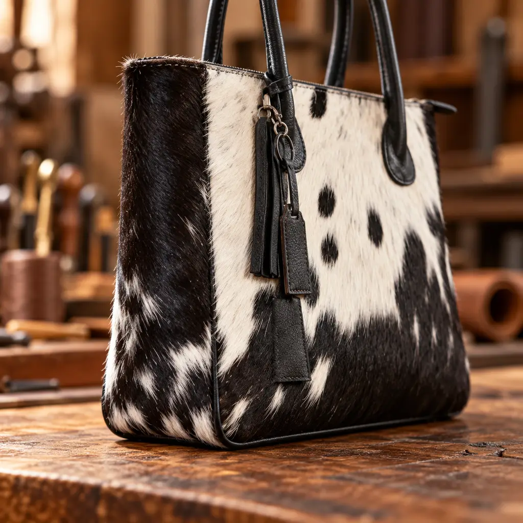 Hair on Hide Fixed Handle Tote Bag Black and White - Image 15