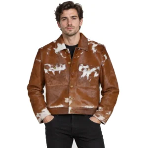 Hair on Hide Men's Trucker Jacket Natural Pattern Brown & White