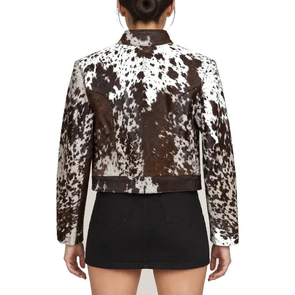 Hair on Hide Women's Stand Collar Short Jacket Brown & White - Image 3