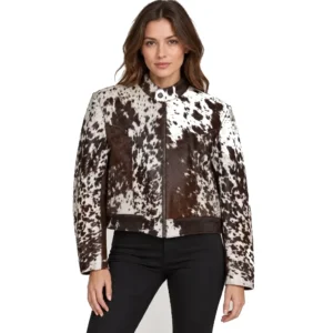 Hair on Hide Women's Stand Collar Short Jacket Brown & White