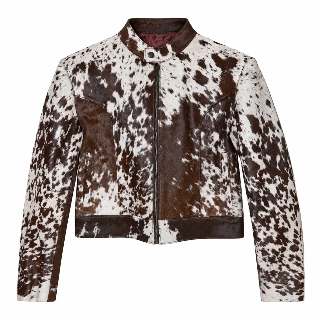 Hair on Hide Women's Stand Collar Short Jacket Brown & White