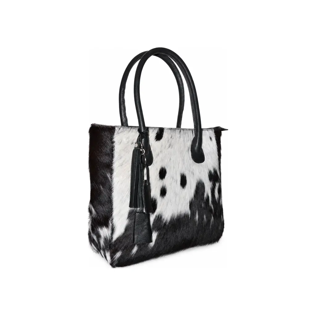 Hair on Hide Fixed Handle Tote Bag Black and White - Image 2