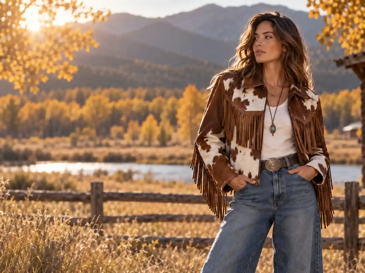 "cowhide fringe jacket styled for fall 2026 with white shirt and denim jeans"