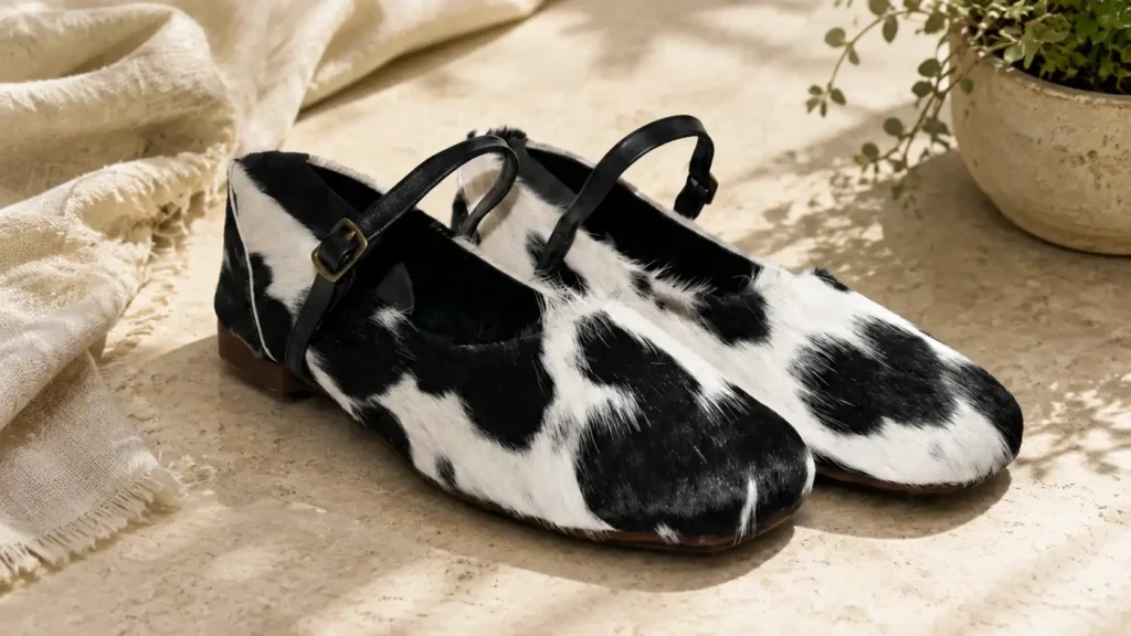 Hair on hide mule loafer pumps in brown and white cowhide leather by FATO Leather