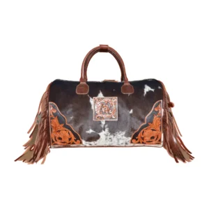 Hair on Hide Tooled Fringe Travel Duffel Bag Brown & White