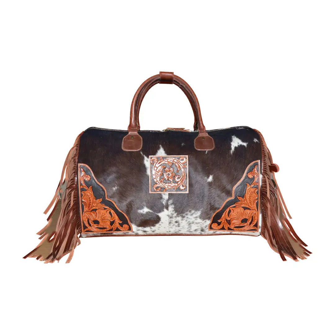 Hair on Hide Tooled Fringe Travel Duffel Bag Brown & White