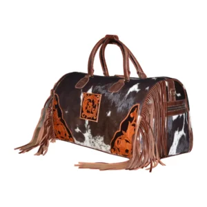Hair on Hide Tooled Fringe Travel Duffel Bag Brown & White