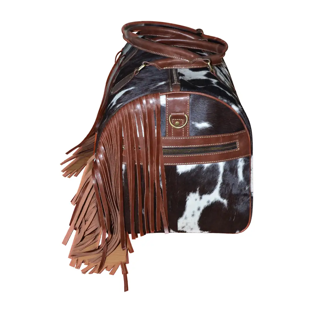 Hair on Hide Tooled Fringe Travel Duffel Bag Brown & White - Image 3