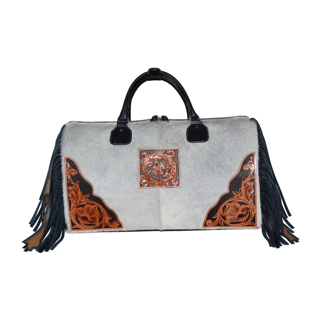 Hair on Hide Tooled Fringe Travel Duffel Bag Black & Gray