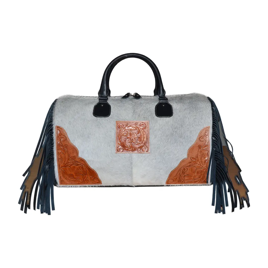 Hair on Hide Tooled Fringe Travel Duffel Bag Black & Gray - Image 2