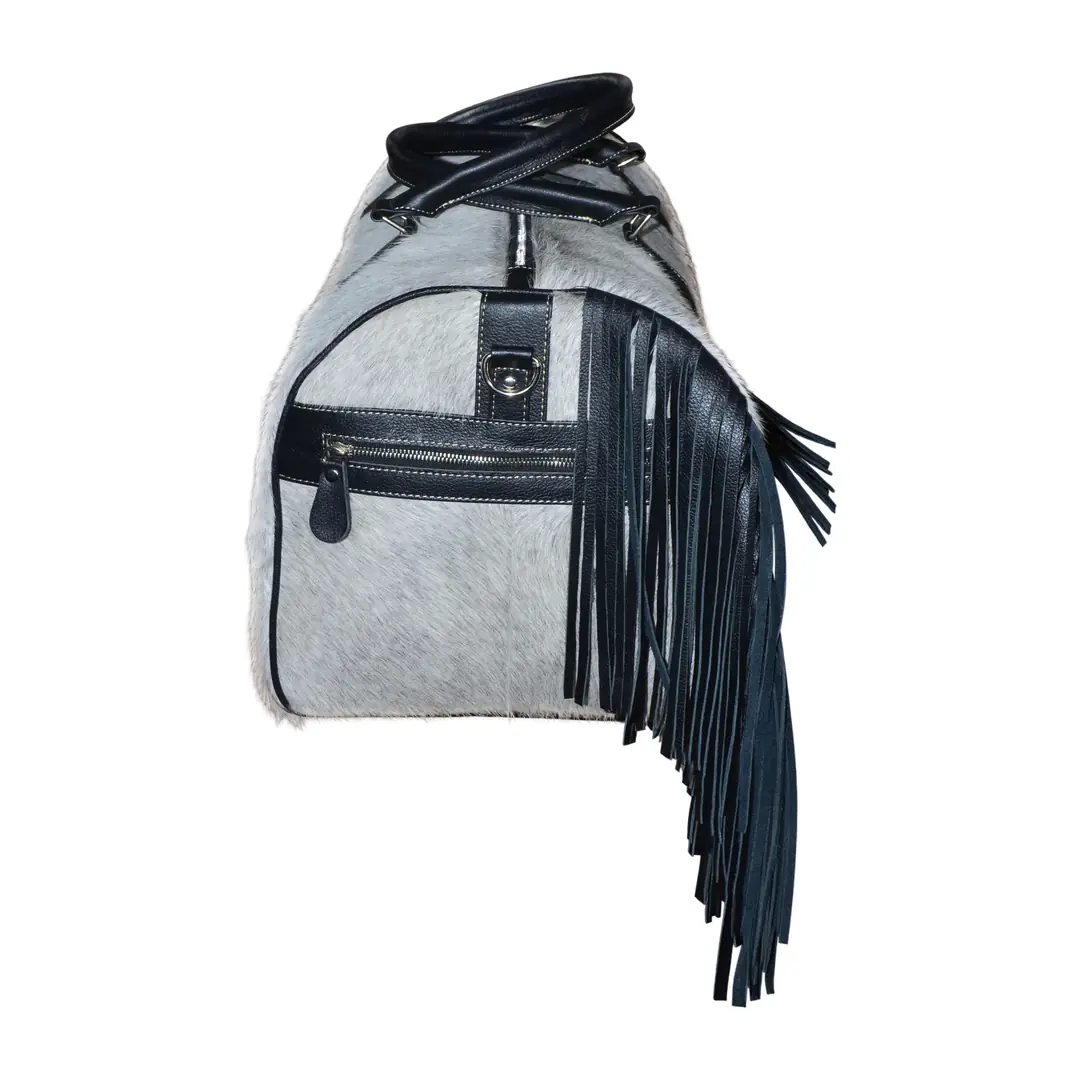 Hair on Hide Tooled Fringe Travel Duffel Bag Black & Gray - Image 3